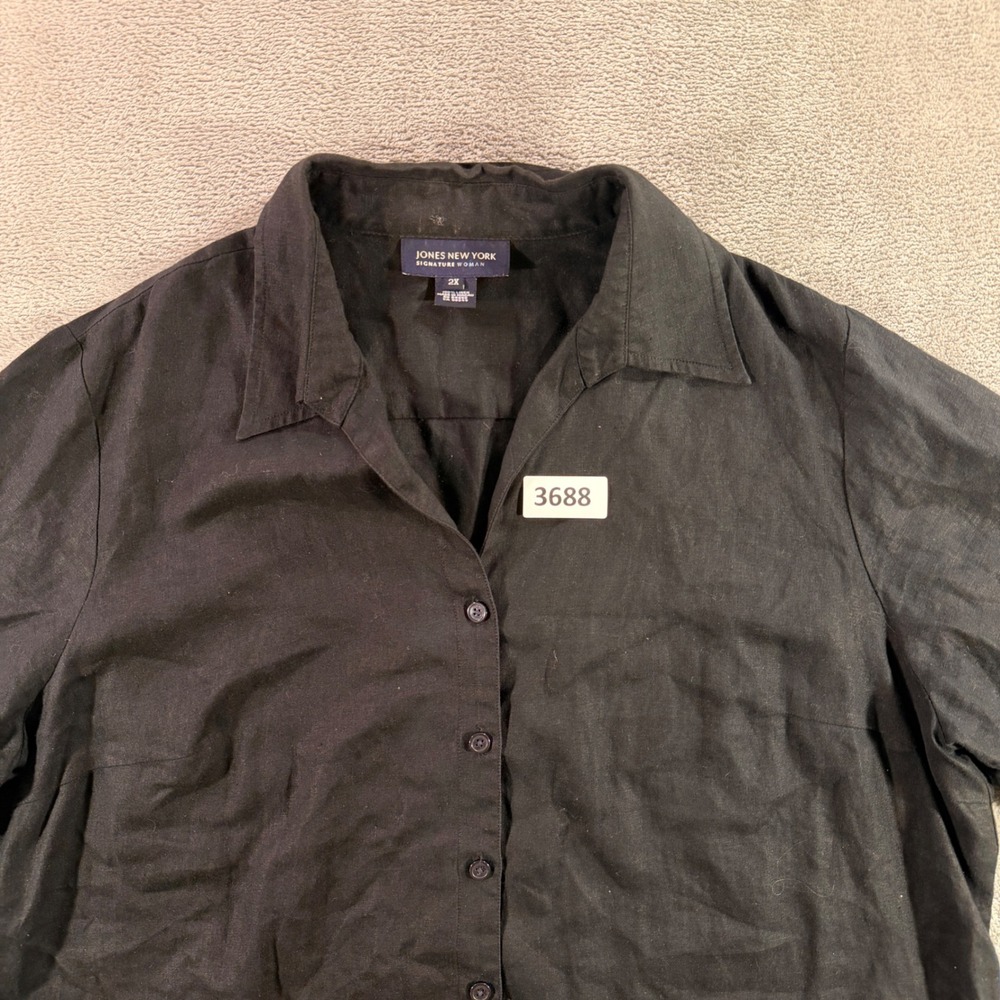 Jones New York Button Down Women‎ 2X Black Linen Eyelet Embroidered Scallop Hem